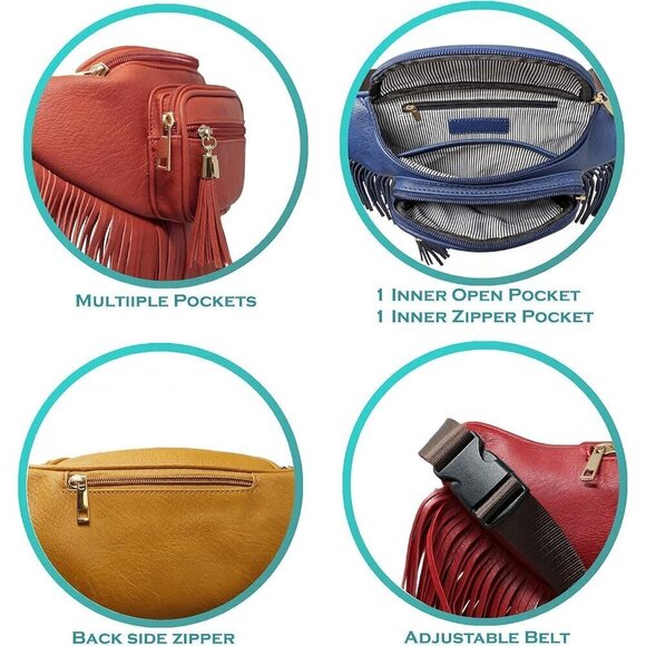 💫 Women Green Fringe Multi Zipper Pockets Trendy Style Casual Wear Waist bag - Picture 6 of 9